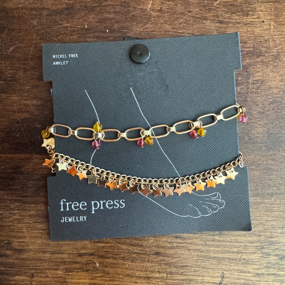 Free Press Gold Tone Beaded Chain & Star Charm‎ Ankle Bracelets Set of 2
